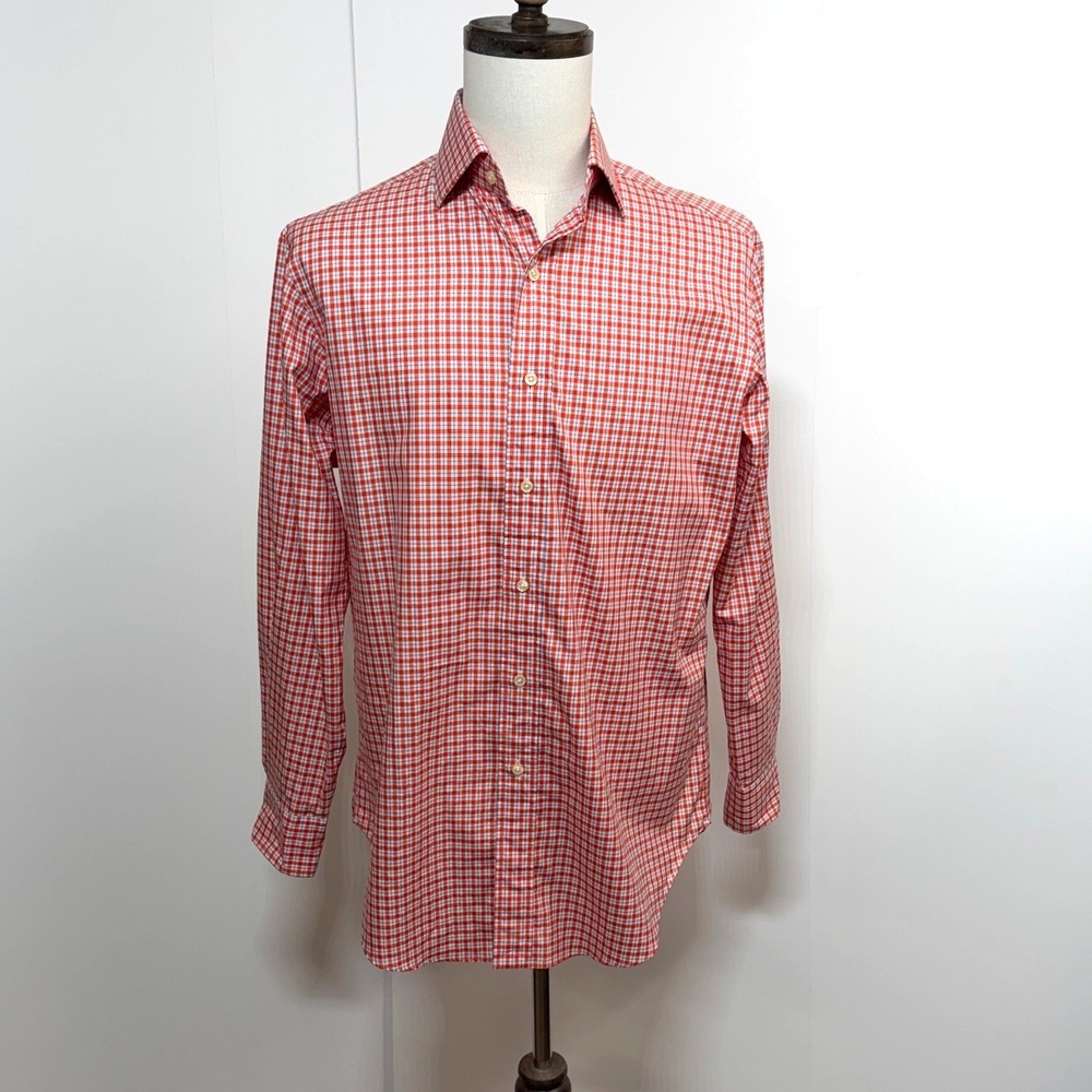 Polo Ralph Lauren Shirt Mens 15.5 Medium Orange Long Sleeve Regent Classic Plaid - Picture 2 of 10